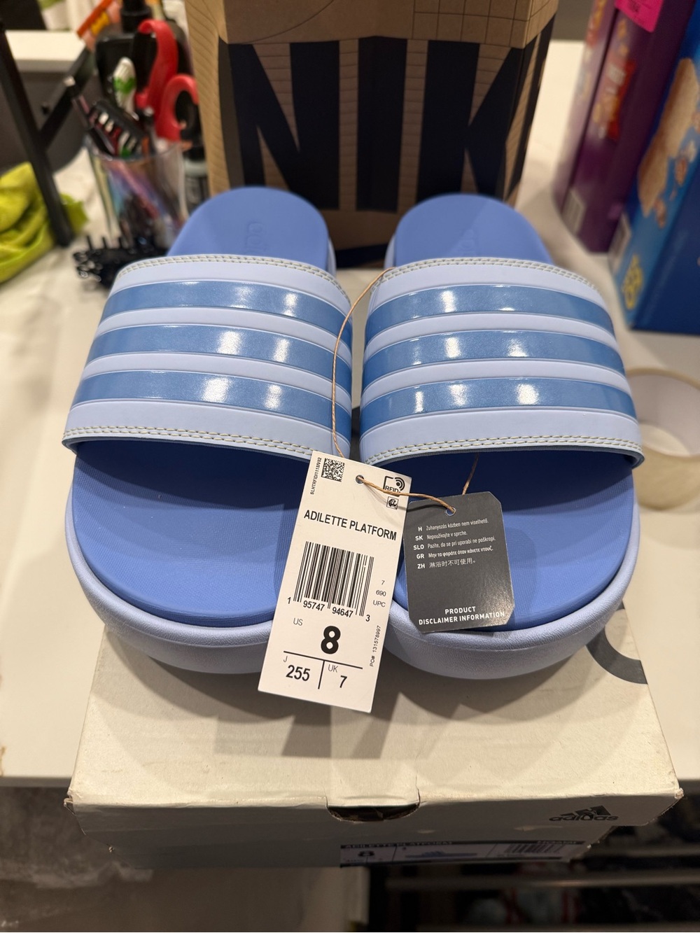 adidas Adilette Platform Slide Sandals in Light Blue and White